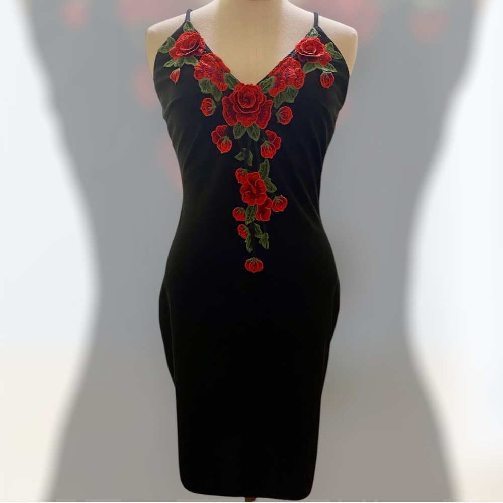 Windsor Black Slip Dress with Red Rose Embroidery - Picture 4 of 7